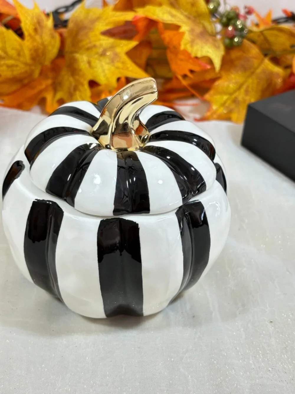 Black & White Ceramic Pumpkin Gold Stem  Mackenzie-Style Covered Sugar Bowl Jar